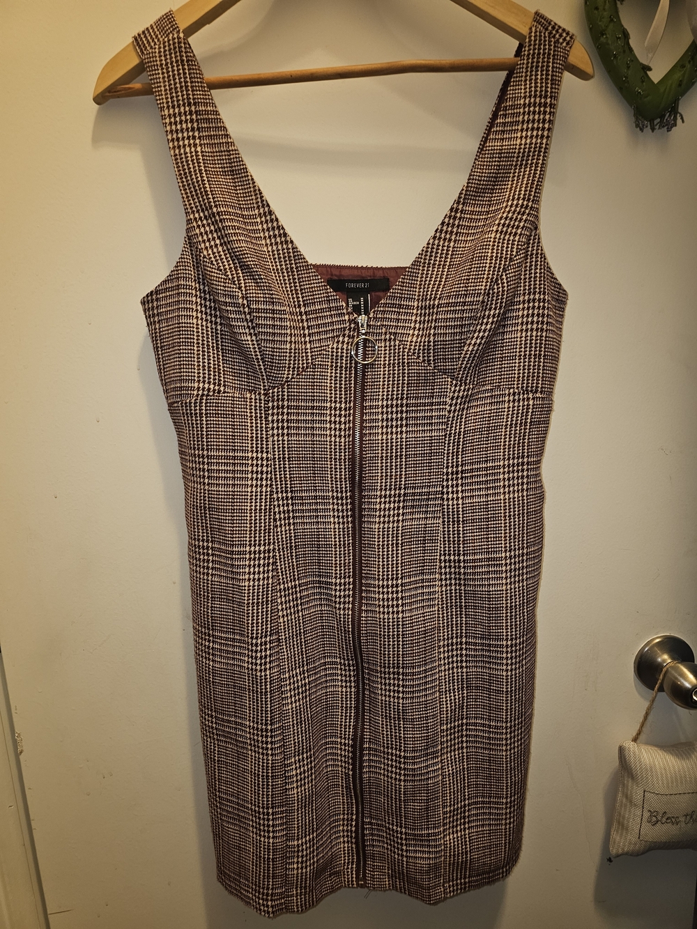 Forever 21 Burgundy Plaid Pinafore Zip-Front Mini Dress
